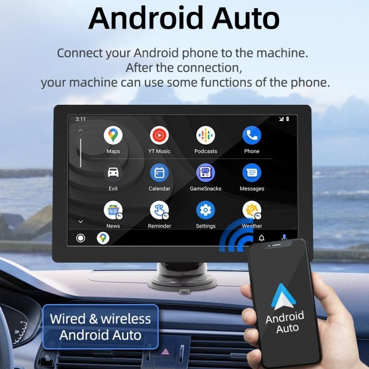 In-car Android Auto multimedia screen on dashboard stand, showing app icons and settings