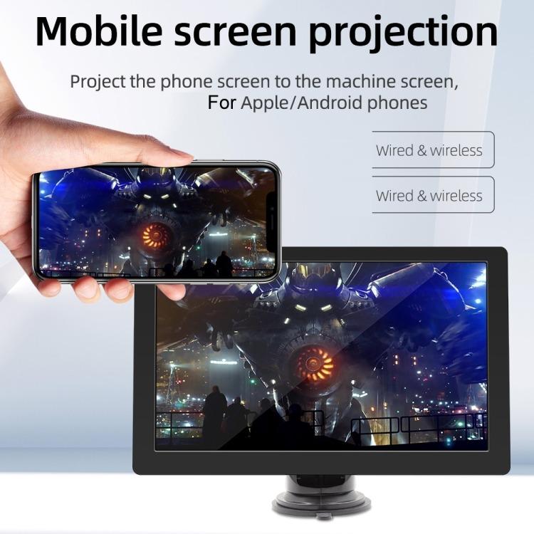 Car monitor with mobile screen projection, showing dual displays and phone held near the screen