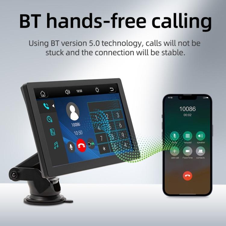 Car multimedia screen with hands-free calling, plus a smartphone showing a call interface