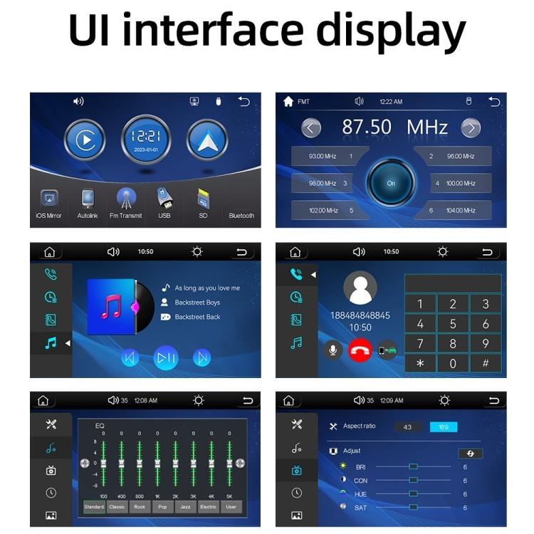 In-car UI interface screens showing radio controls, settings, and audio meters