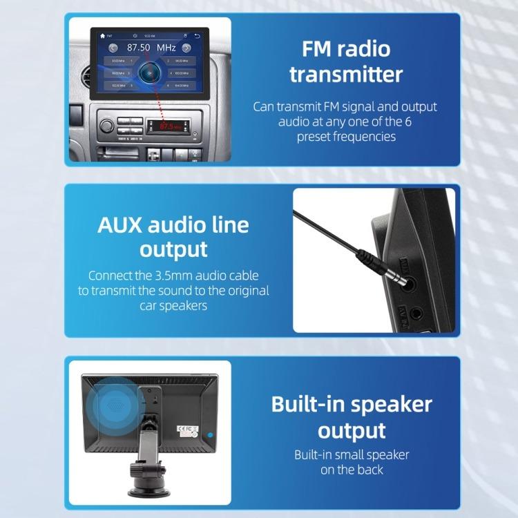 Car multimedia device features panel: FM transmitter, AUX output cable, and built-in speaker