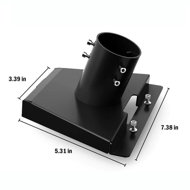 Black triangular bracket base with central cylindrical tube and side mounting bolts; size shown