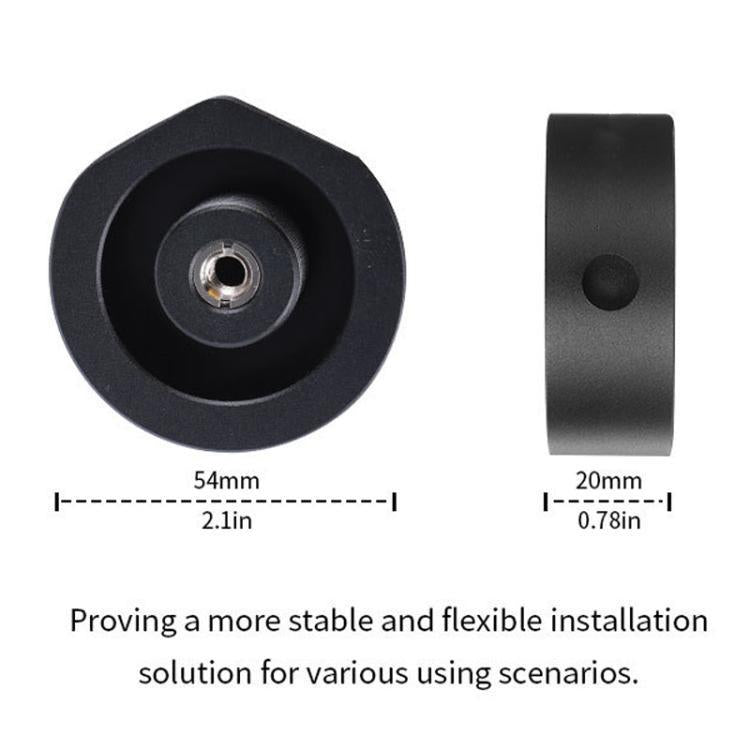 Black mini tripod adapter base with central screw hole and side sleeve