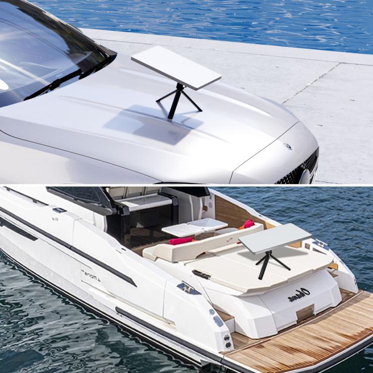 Tripod with gimbal adapter on a boat deck, white top mounting plate