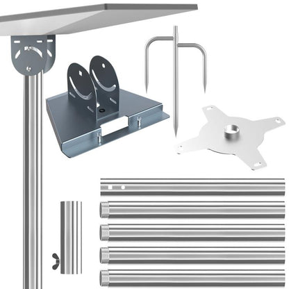 Outdoor satellite dish ground bracket kit with mounting plate, pipe sleeves, and adapter pieces