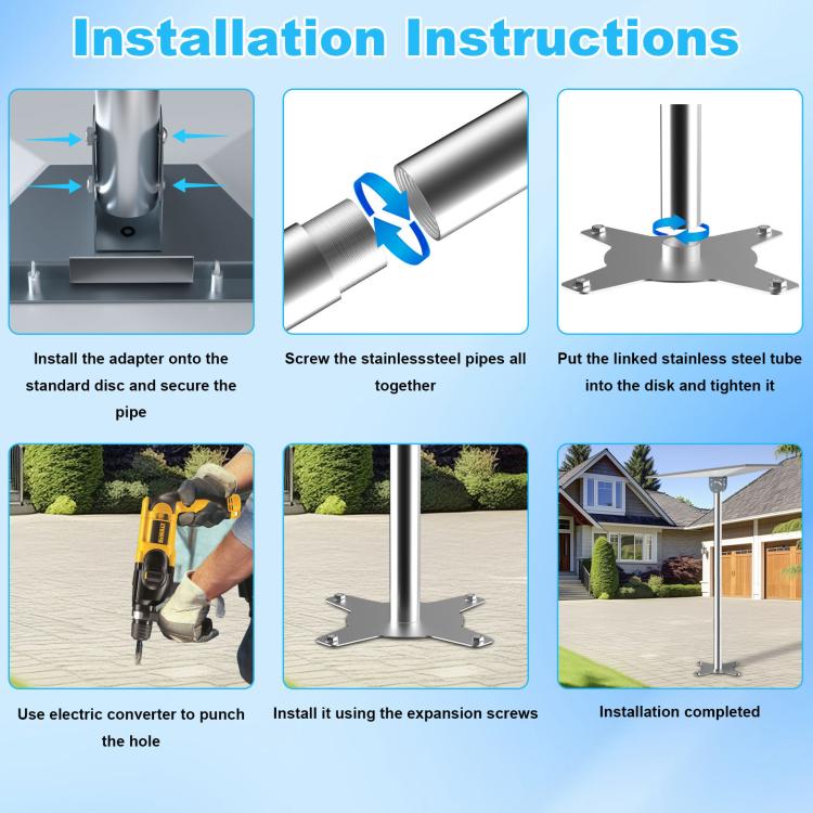 Installation kit for outdoor mounting bracket with adapter, pipe poles, screws, and base plate