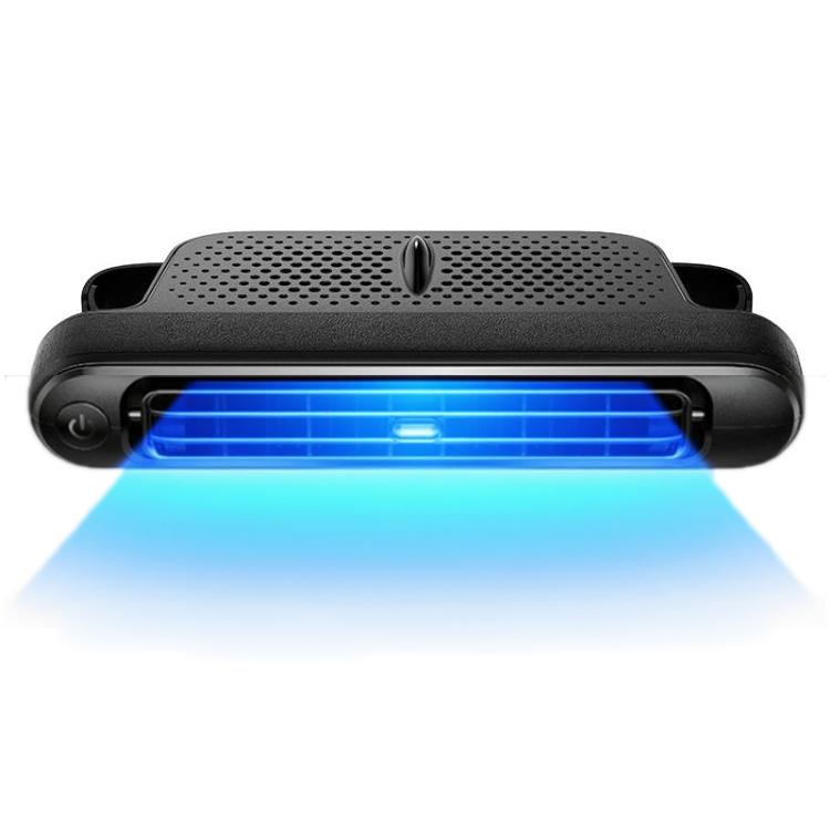 Black car rear seat USB fan with blue airflow, dual-turbo bladeless design