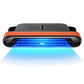 Orange car rear seat USB fan with blue airflow, dual-turbo bladeless design