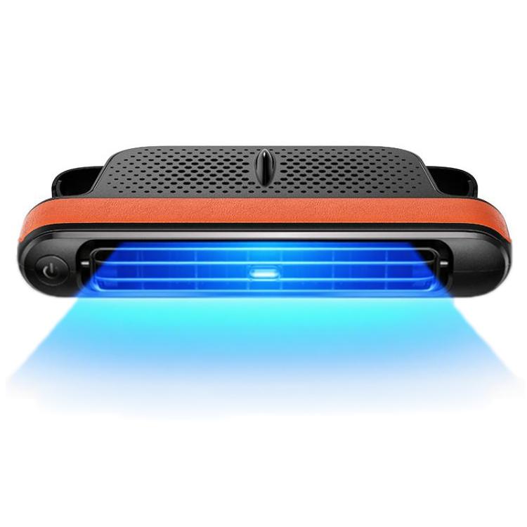 Orange car rear seat USB fan with blue airflow, dual-turbo bladeless design