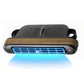 Wood grain car rear seat USB fan with blue airflow, dual-turbo bladeless design