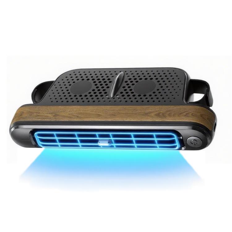 Wood grain car rear seat USB fan with blue airflow, dual-turbo bladeless design