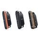 Car rear seat USB fan side view, black, orange, and wood grain housings
