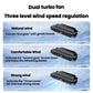 Black car rear seat USB fan with dual turbo vents and blue airflow