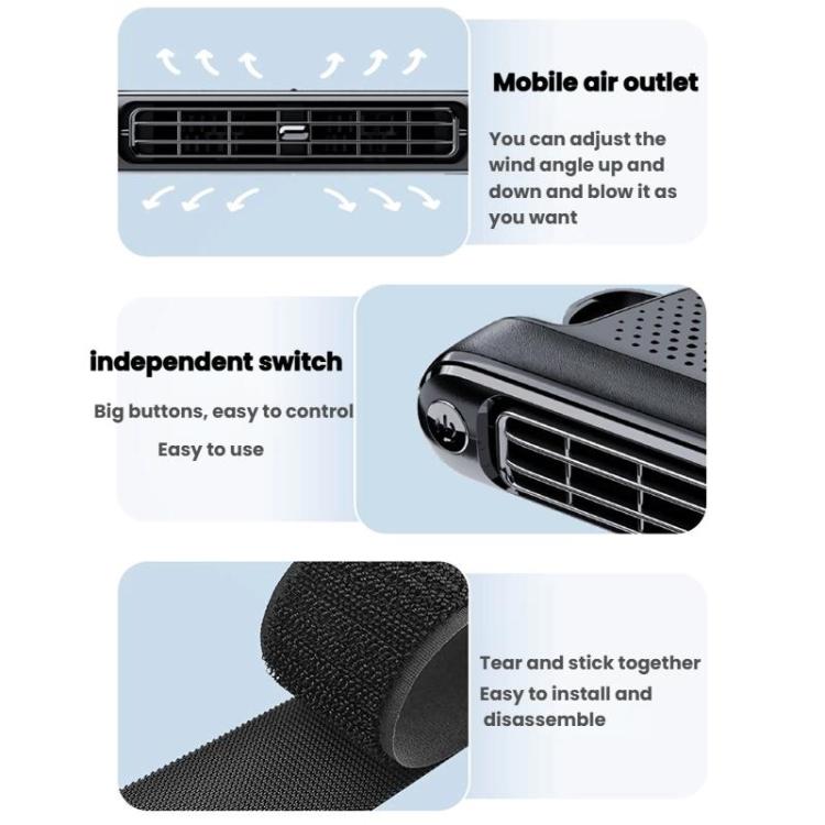Black car rear seat USB fan with adjustable air outlet and control buttons