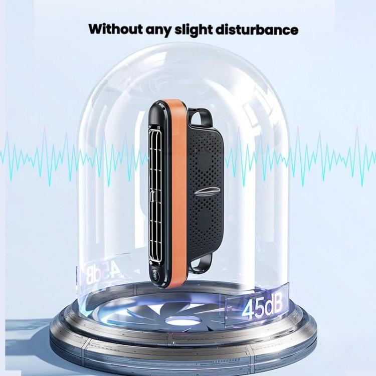 Orange car rear seat USB fan enclosed in clear dome with blue airflow