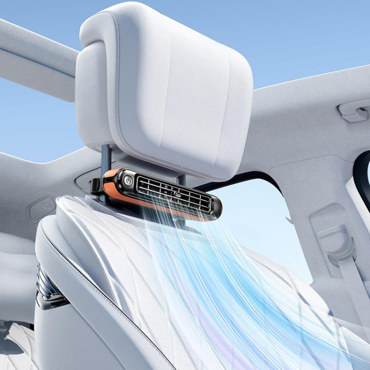Car rear seat USB fan mounted in car seat, blowing blue airflow