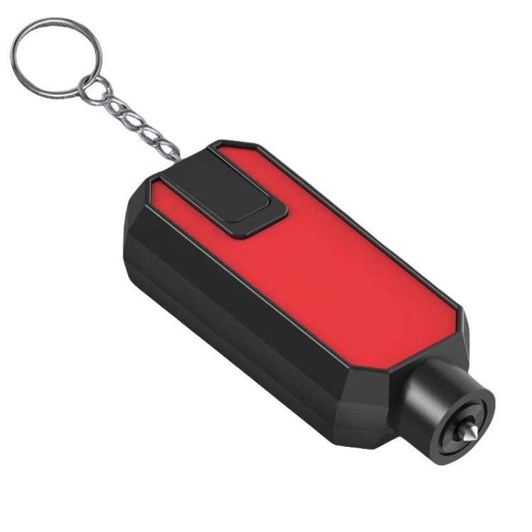 Red car emergency window breaker with black sides and keychain, metal hammer tip