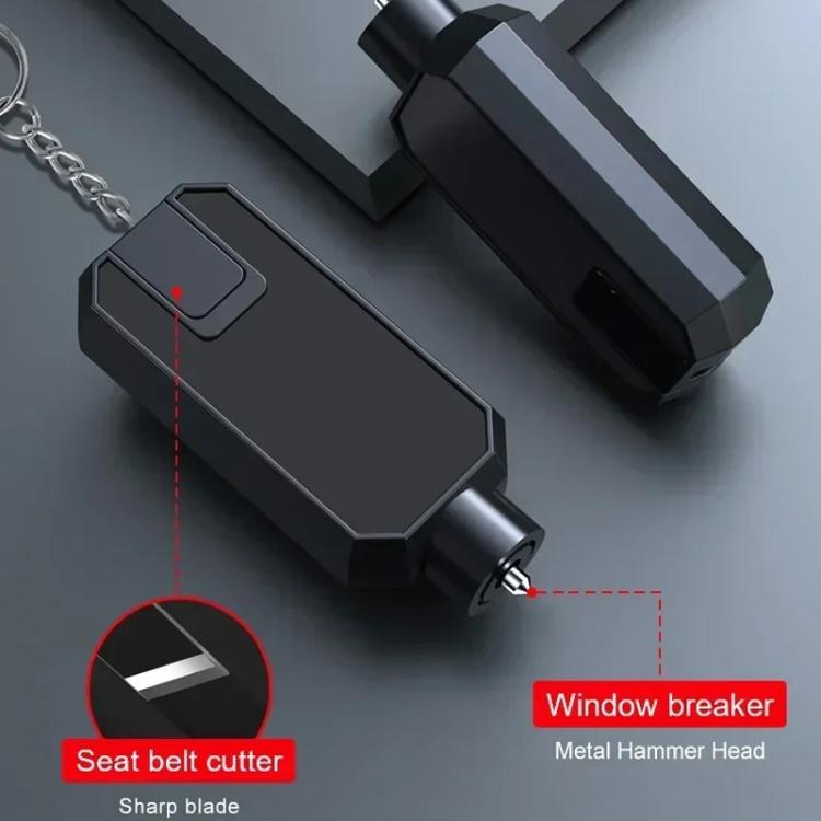 Black car emergency window breaker with keychain, seat-belt cutter and metal hammer head