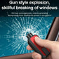 Hand holding red-and-black emergency window breaker; metal tip for glass breaking