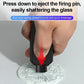 Hand presses black emergency window breaker on glass to eject the hammer pin