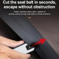 Hand cuts a dark seat belt with the hidden cutter on a compact emergency breaker