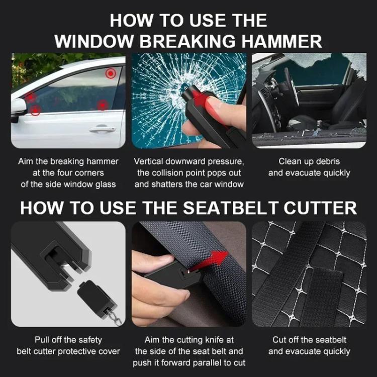 Car emergency window breaker hammer, red and black, shown in use steps