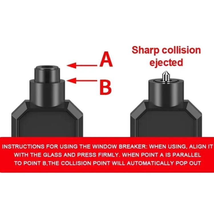 Car emergency window breaker top, black with ejector pin and arrows A/B