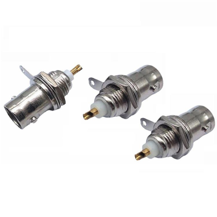 Gold-plated BNC female socket, metal panel-mount connector with rear threaded terminals
