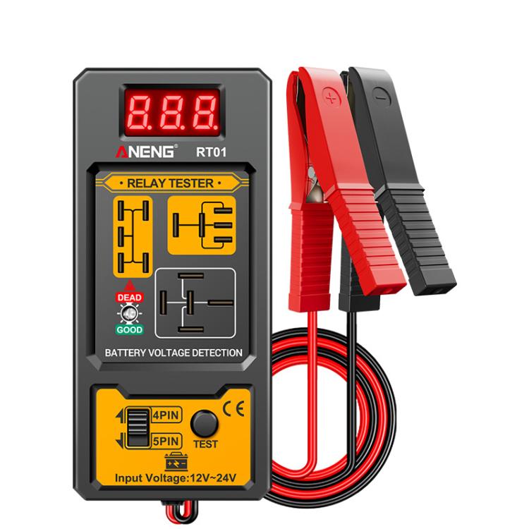 Digital relay tester with 4-pin/5-pin interface, red LED display, and red/black test leads