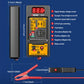 Digital relay tester RT01 with red voltage screen, test button, and 4-pin/5-pin sockets