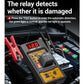 Car relay tester with red voltage display, red and black alligator clips, and test button