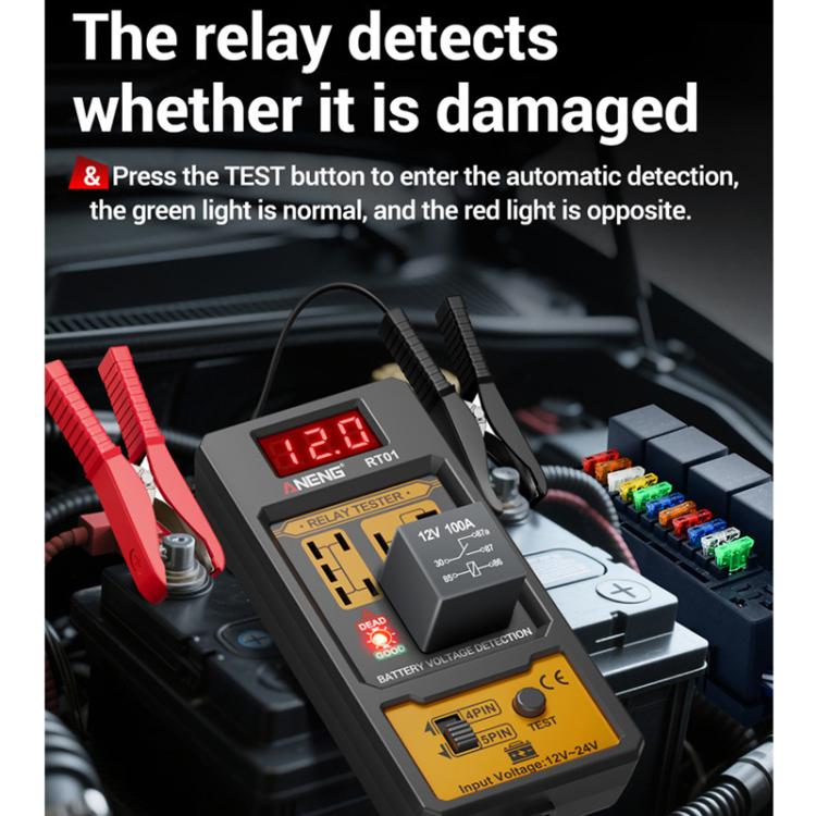 Car relay tester with red voltage display, red and black alligator clips, and test button