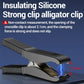 Insulating silicone alligator clip pair with red and black insulated jaws and metal spring contacts