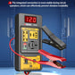 Digital relay voltage tester connected to alligator clips with red voltage reading and relay socket