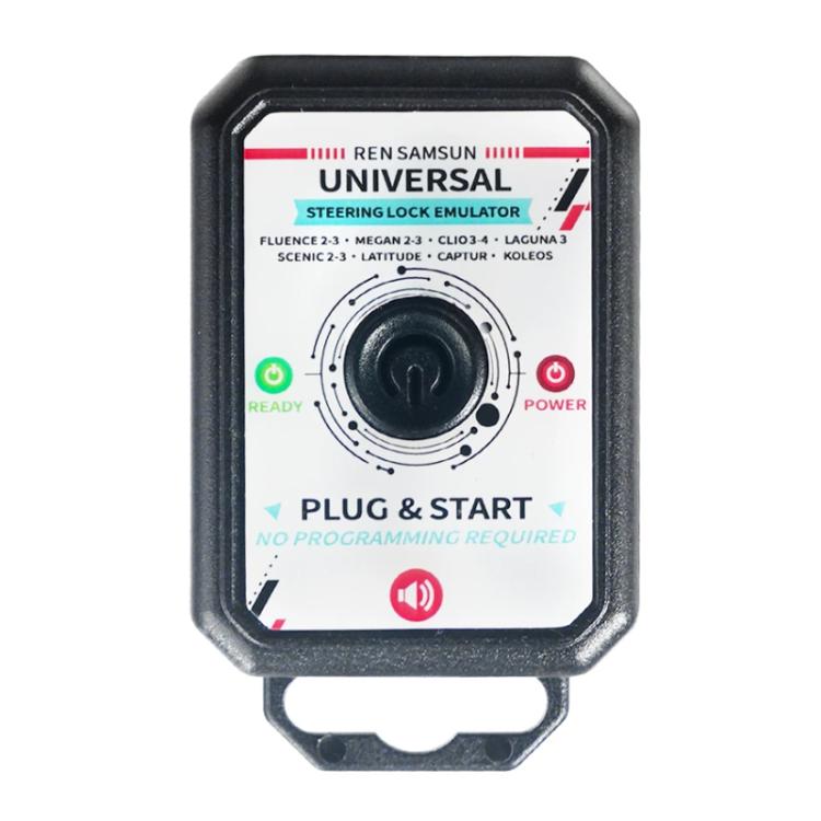 Universal steering lock emulator with instruction label and power/ready indicators