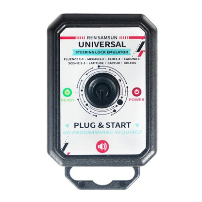 Universal steering lock emulator with instruction label and power/ready indicators