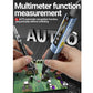 Handheld soldering iron with digital multimeter probes pointed at electronic circuit board