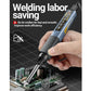 Portable soldering iron in hand with metal tip for electronics assembly on circuit board