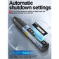 Portable soldering iron with automatic shutdown settings shown on screen and housing