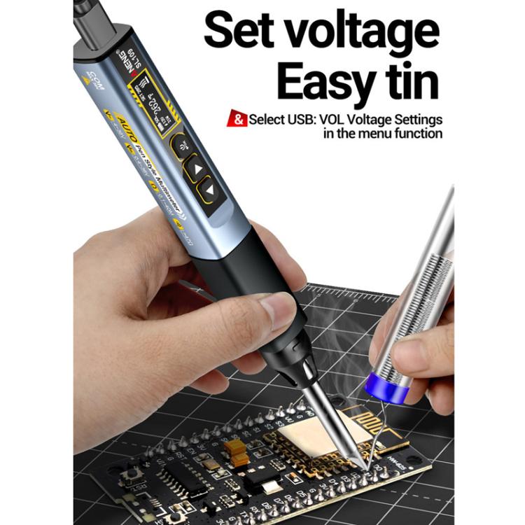 Handheld soldering iron with digital multimeter, blue display and metal tip for PCB