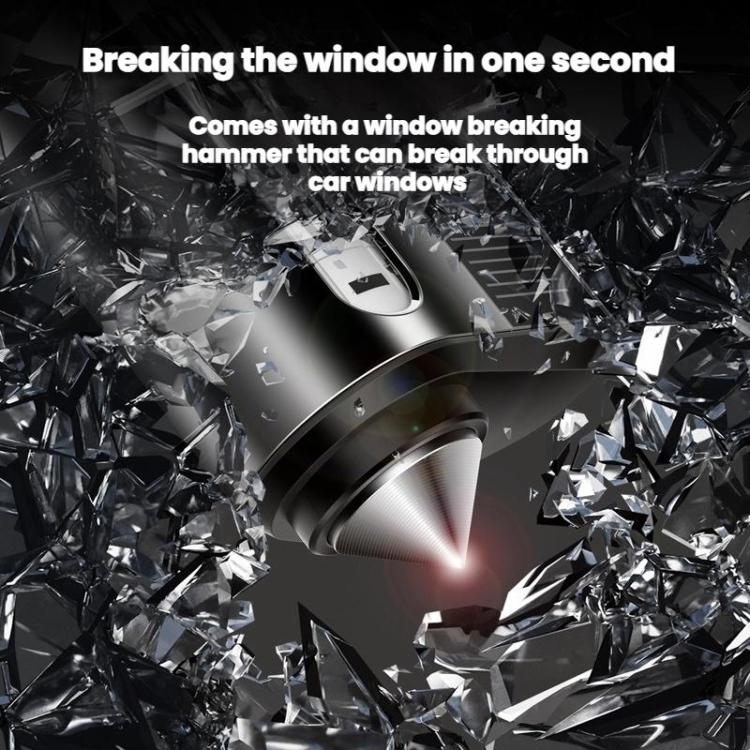 Car safety hammer with LED tip surrounded by shattered window glass