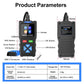 OBD II scanner diagram showing buttons, connectors, and screen size dimensions