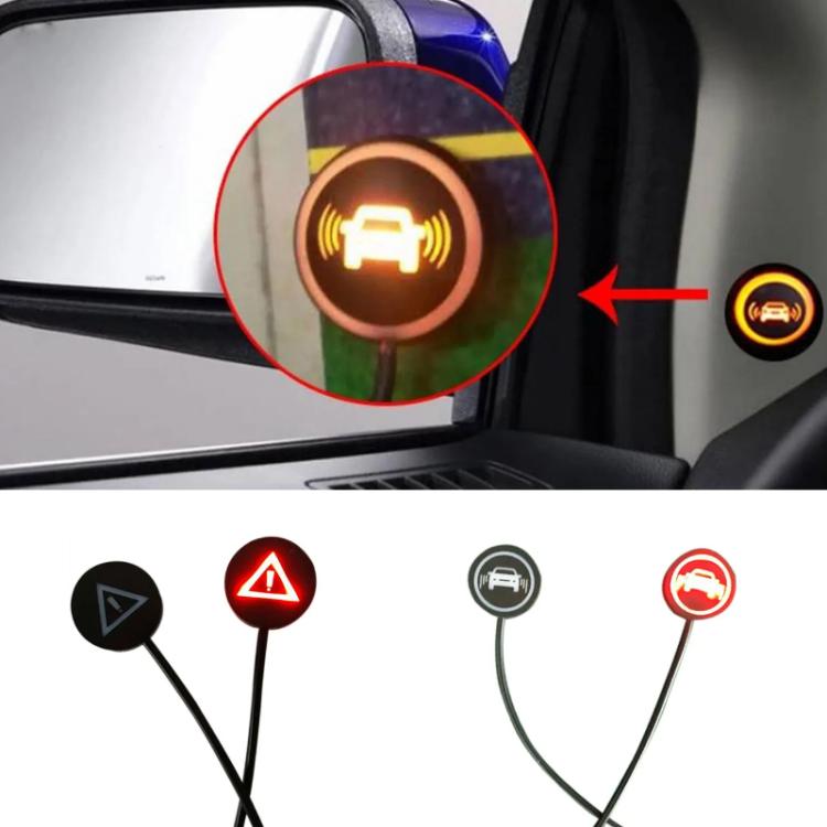 Vehicle blind spot indicator lens light kit with illuminated car and warning icons on mount
