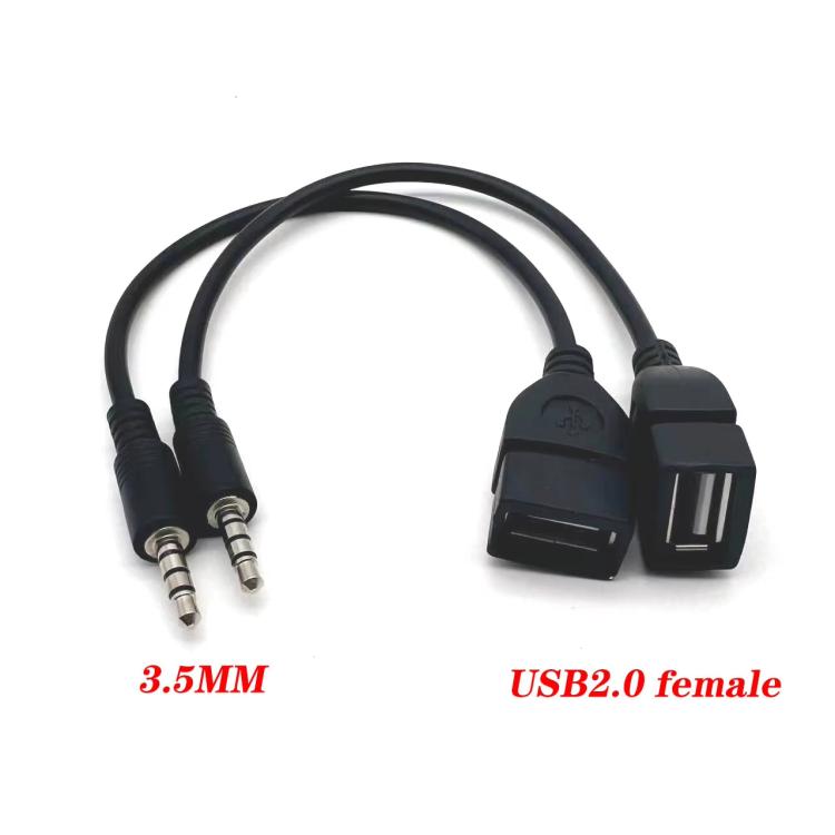 Black cable with two 3.5mm male plugs and one USB 2.0 female connector