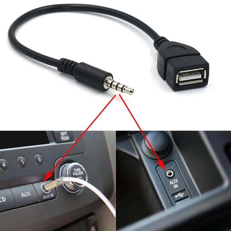 3.5mm to USB cable connected to a car console port, black