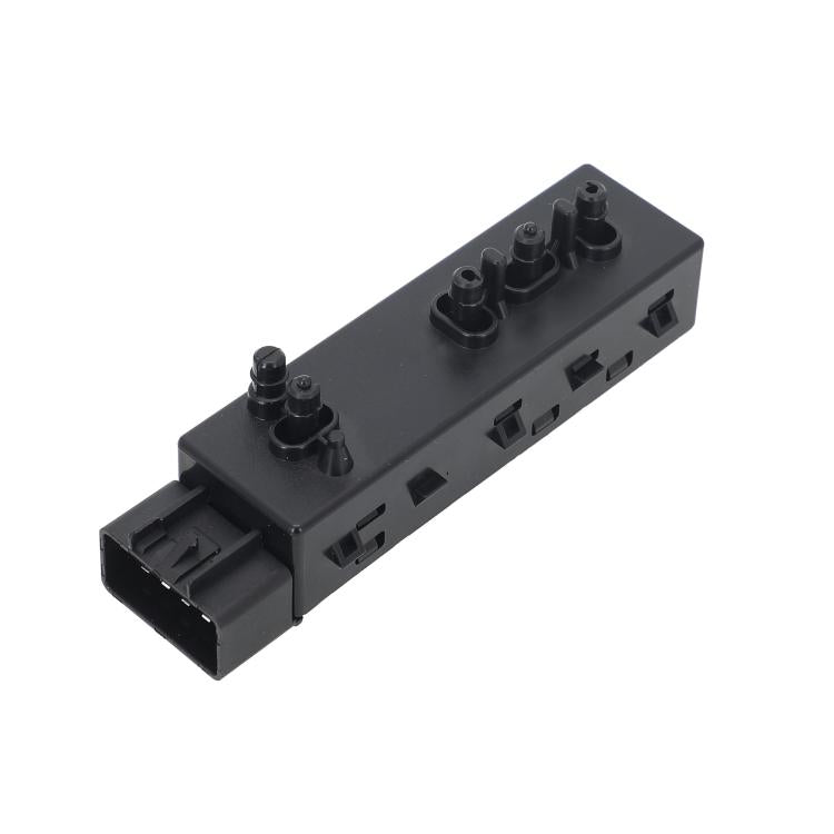 Black car seat control switch module angled view with wiring ports and mounts