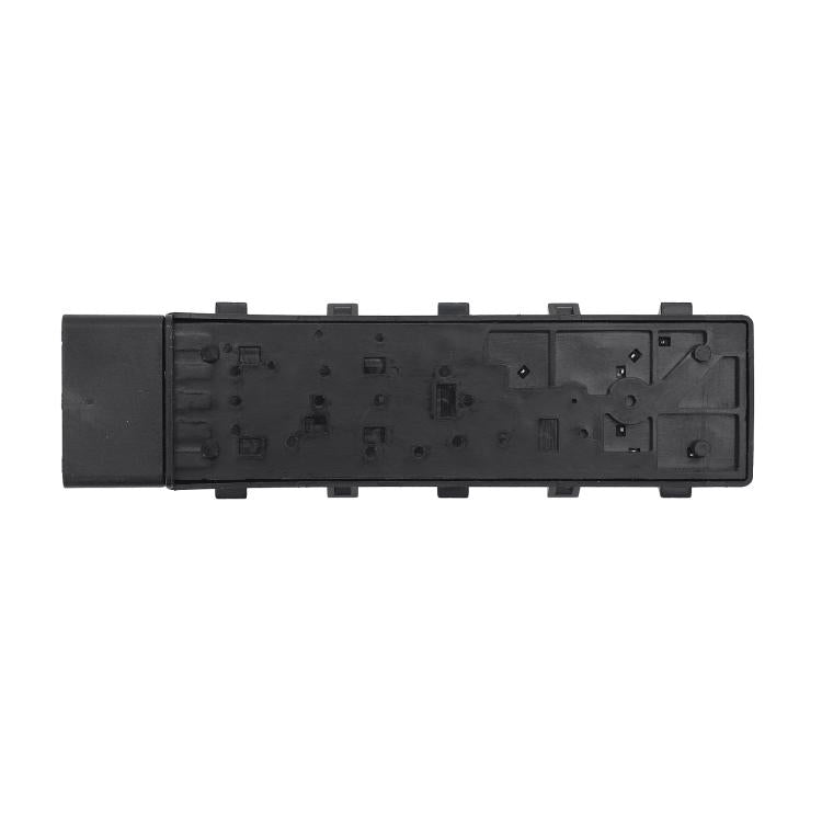 Black car seat control switch underside panel with molded circuitry and mounting tabs