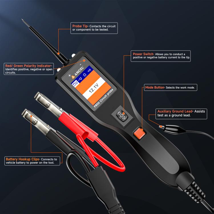 Car battery circuit probe tester with digital screen and red/black test leads with clips