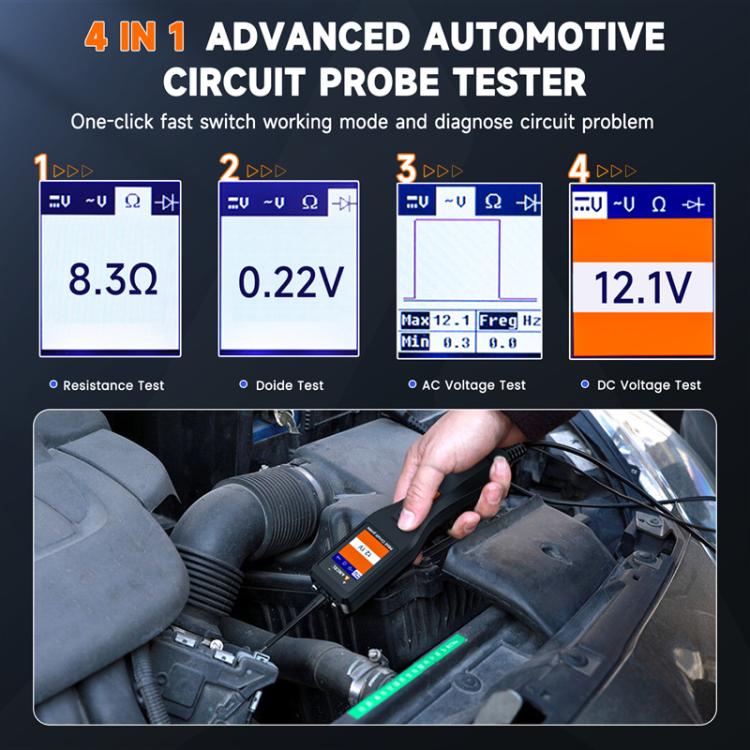 4-in-1 automotive circuit probe tester showing voltage and resistance test modes