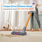 Gray floor vacuum brush head with purple strip and red roller switch
